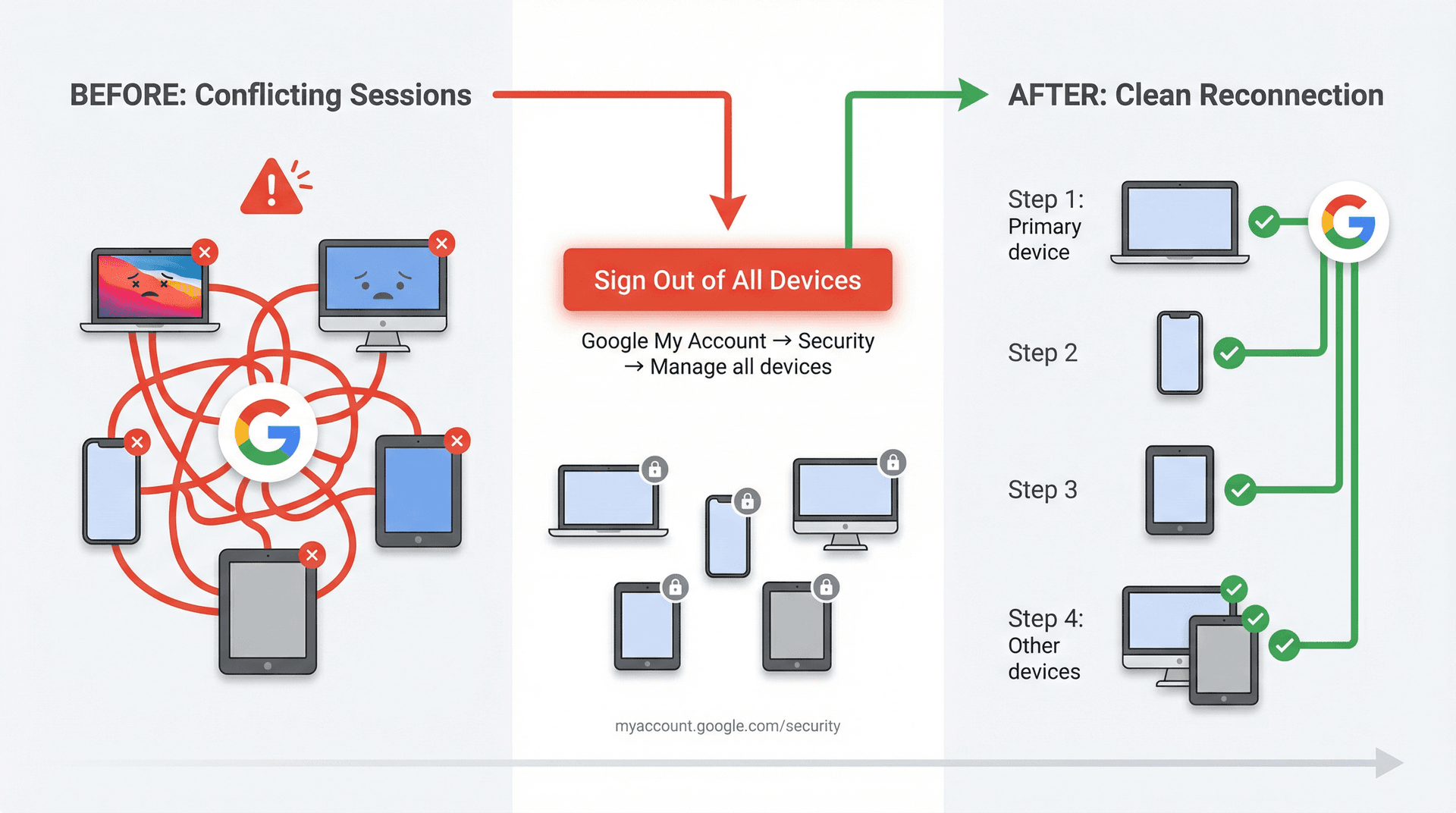 Process flow showing sign out from all devices, then methodical reconnection one device at a time